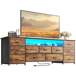 Huuger 63 Inch TV Stand for 65, 70 Inch TV, 11 Drawer Long Dresser with Power Outlets and LED Lights, Entertainment Center with Storage, Rustic Brown Dresser with PU Leather Surface, 13"d X 63"w X 26.8"h