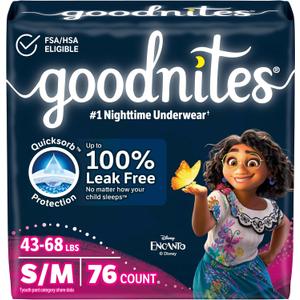 Goodnites Girls' Bedwetting Underwear, Size S/M (43-68 lbs), 76 Ct (2 Packs of 38) 