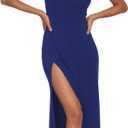 Ulovmi Formal Wedding Guest Dress Women Sexy Bodycon Elegant Maxi Gown for Evening Dinner Prom High Slit Square Neck Backless (Blue, L)
