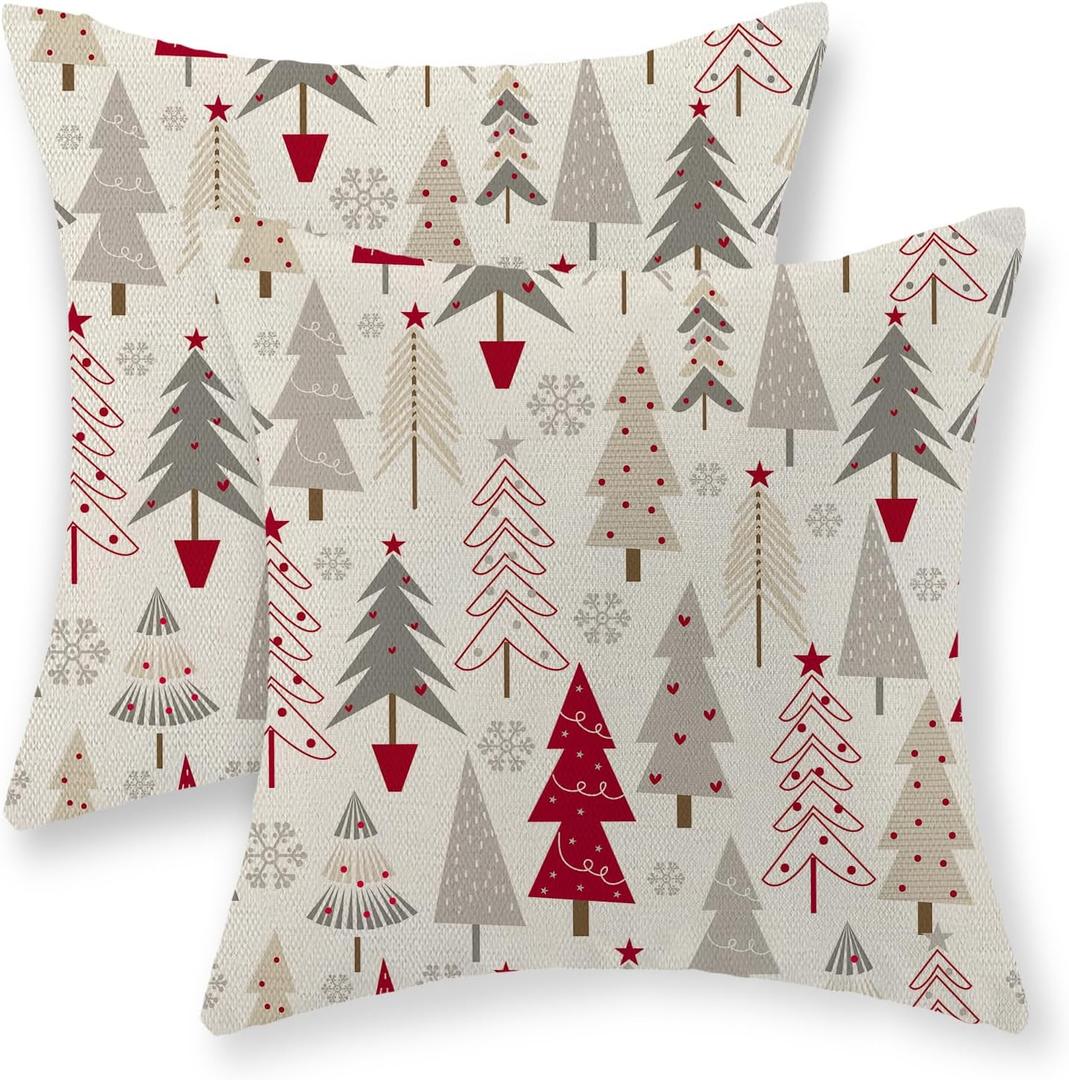 GOLIANDA Christmas Pillow Covers - 20x20 Set of 2 Linen Pillowcase Geometric Colorful Christmas Tree Throw Pillows Winter Farmhouse Holiday Decor Cushion Covers for Couch & Sofa