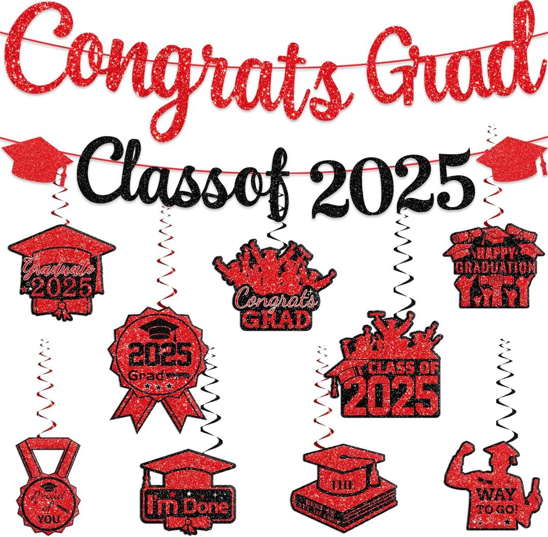 Red Graduation Banner & 9Pcs Hanging Swirls for Class of 2025 Graduation Party Supplies
