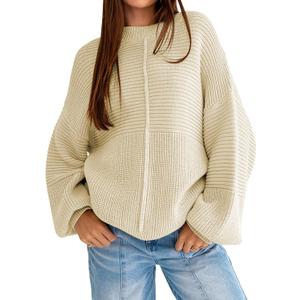 Famulily Womens Long Batwing Sleeve Oversized Pullover Sweater Ribbed Knit Tunic Sweater (Small, Beige)