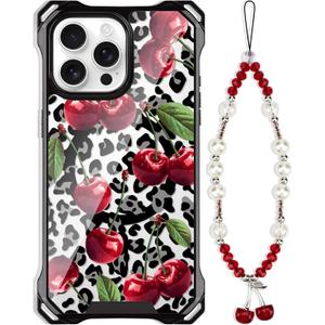 for iPhone 12 Pro Max Cheetah Print Cherry Case with Chain Strap [Compatible with MagSafe] Magnetic Clear Four Corners Shockproof Leopard Cherries Cover for Girls Women iPhone 12 Pro Max