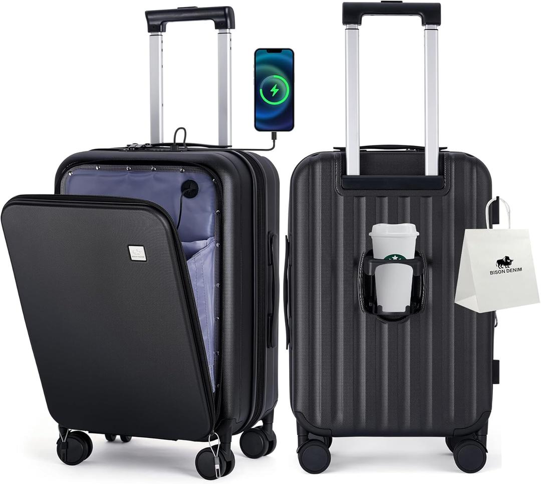 BISON DENIM 20 Inch Carry On Luggage, PC Lightweight Hardside Expandable Carry-On Luggage Airline Approved With Spinner Wheels, Front Compartment, Cup Holde, TSA-approved Lock, USB Port, Black