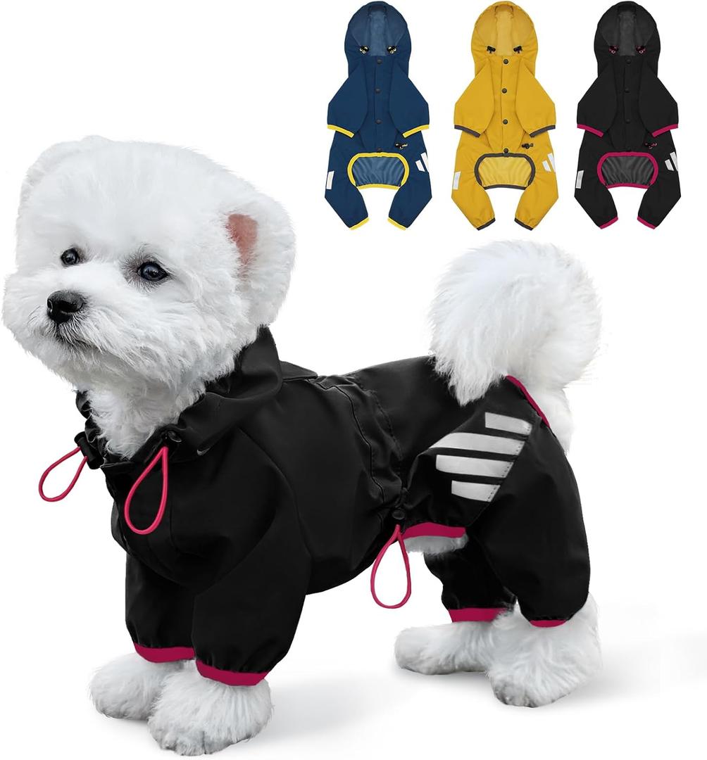 Dog Raincoat, Waterproof Dog Rain Jacket with Hood, Dog Rain Coat with Leash Hole, Reflective Strap for Small Medium Dogs, Lightweight Puppy Clothes(Black,S) (S(Back Length12''))
