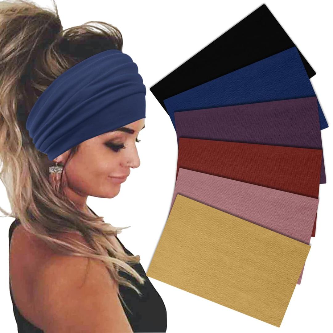 Wide Headbands For Women Stretch Headband Boho Head Bands Women's Hair Band Turban Workout Hairband Accessories 6 Pack (Black,Red,Purple,Yellow,Pink,Blue)