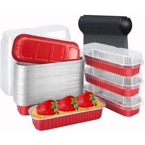 LNYZQUS Mini Baking Pans With Lids 50 Pack, 6.8oz Aluminum Foil Small Loaf Pans Tins Holders, Rectangle Baking Cups Muffin Tins, Disposable Ramekins Muffin Cups For Mini Cake Bread -Red