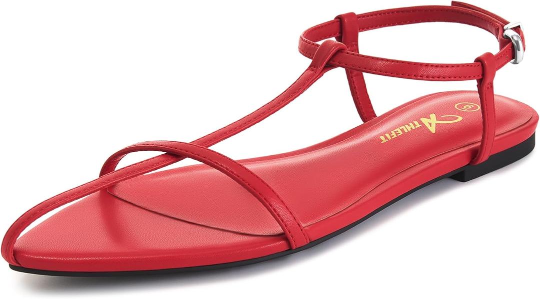 Athlefit Flat Sandals for Women Comfortable Buckle Strappy Sandals Pointed Open Toe Ankle Strap Sandals (Red)