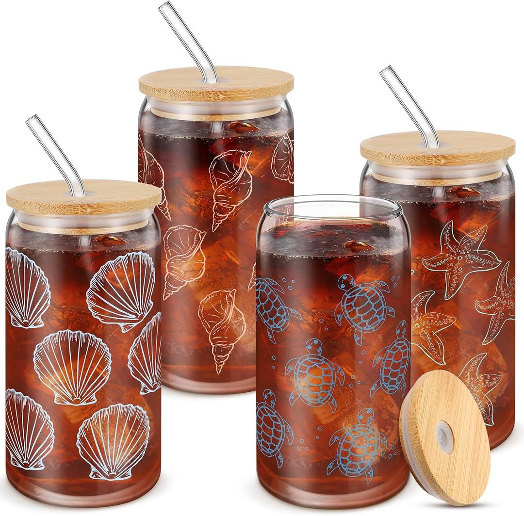 Reallnaive 4 Pcs 16oz Ocean Themed Gifts Beach Drinking Glasses Cup with Bamboo Lids and Straws Shell Sea Turtle Starfish Conch Coffee Glass Tumbler for Seashore Coastal Lovers Beach Party Gifts