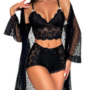 RSLOVE Women Sexy Lingerie Set - 3 Piece Lace Bra and Panty Sets with Mesh Kimono Robe Nightgown Sleepwear, M