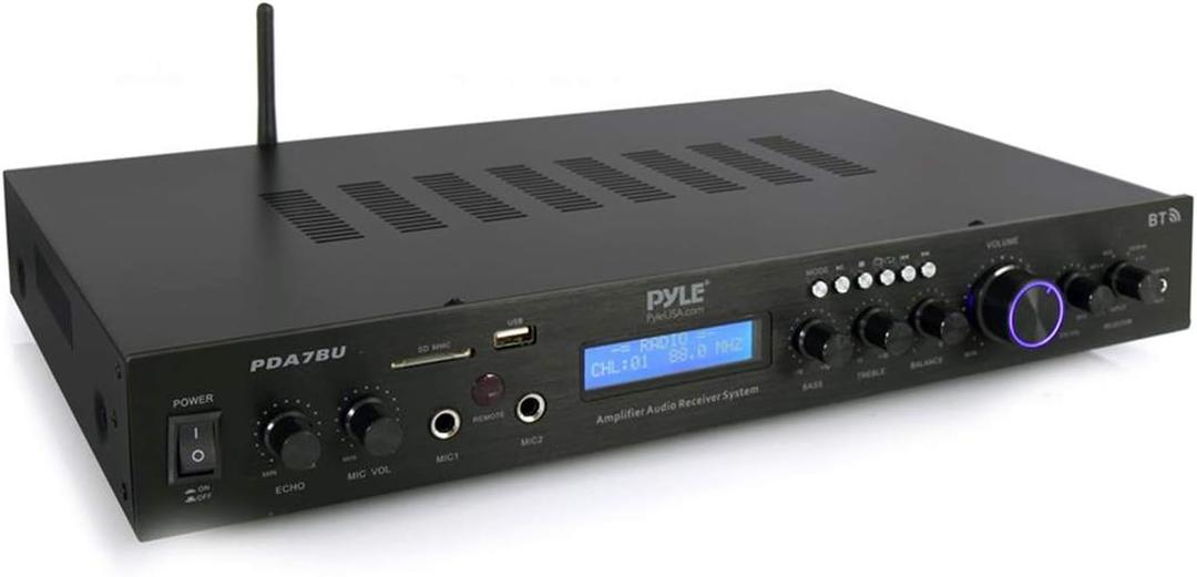 Pyle Bluetooth Home Theater Amplifier - 200 Watts into 5 Channels with Subwoofer Out, Wireless Streaming, USB/SD with MP3 player, RCA Input, FM Radio, LCD Display - PDA7BU