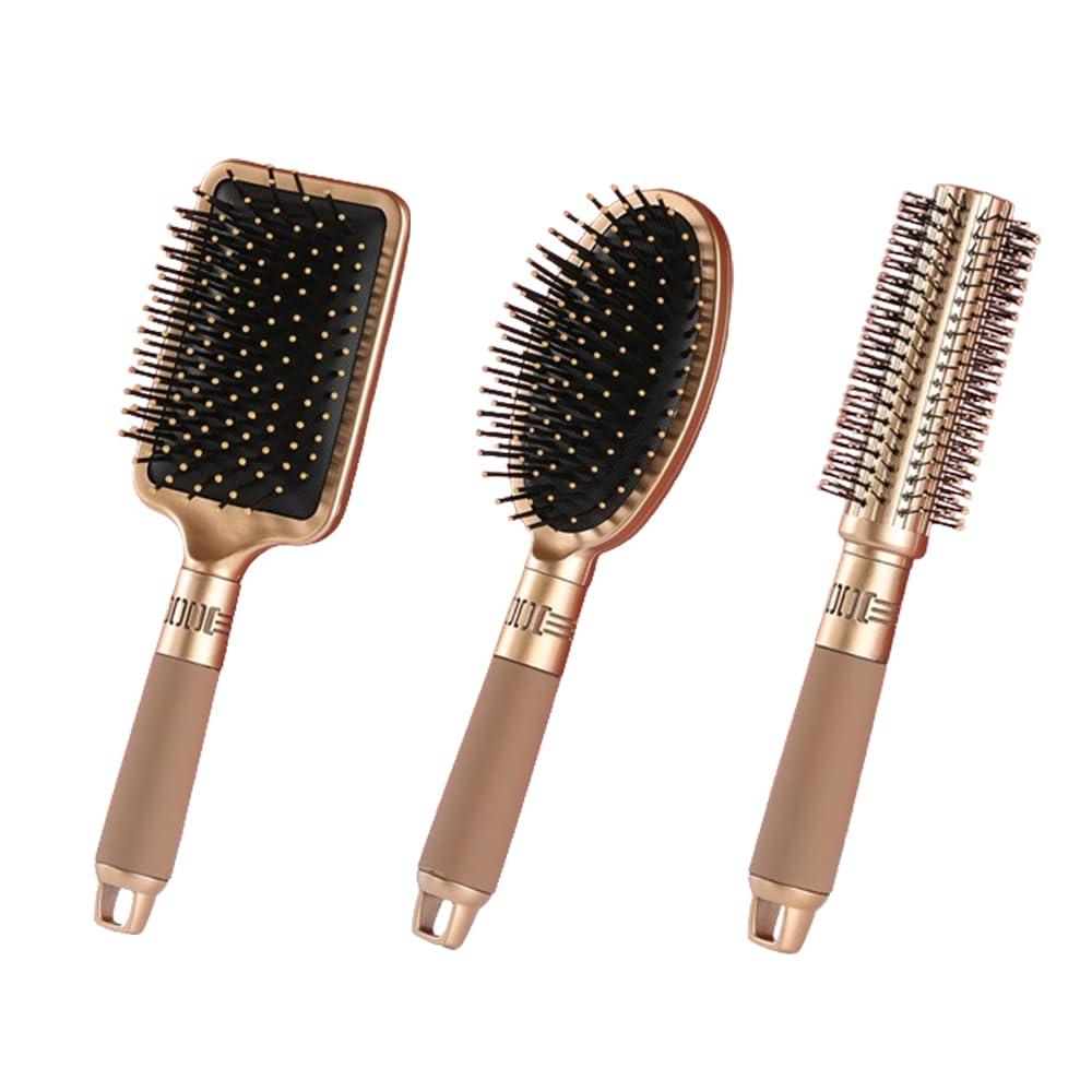 3 Pieces Hair Brush Comb Set Paddle Brush Detangle Hair Brush for Men and Women Wet, Dry, Curly and Straight Hair (Gold)