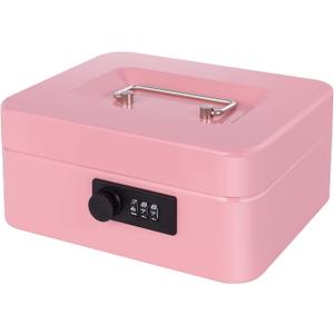 Goehiaul Cash Box with Combination Lock and Money Tray Metal Money Box for Cash Small Cash Box for Money Safe 7.87"x6.3"x3.54" Pink (Medium)