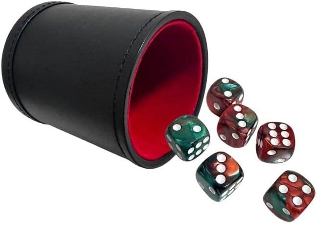 PU Leatherette Dice Cup with 6 D6 Red and Green Dice for Yahtzee Farkle Bar Party Dice Games