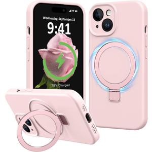 Compatible with iPhone 15 Case with Stand, Premium Slim Soft Liquid Silicone Phone Cases for iPhone 15 6.1" Compatible with MagSafe Magnetic Ring Kickstand Case Full Camera Protection, Pink