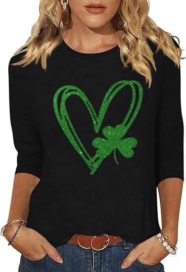 3/4 Sleeve Shirts for Women St Patrick's Day Shamrock Clover Graphic Shirts Lucky Irish Festival Party Tops, Small