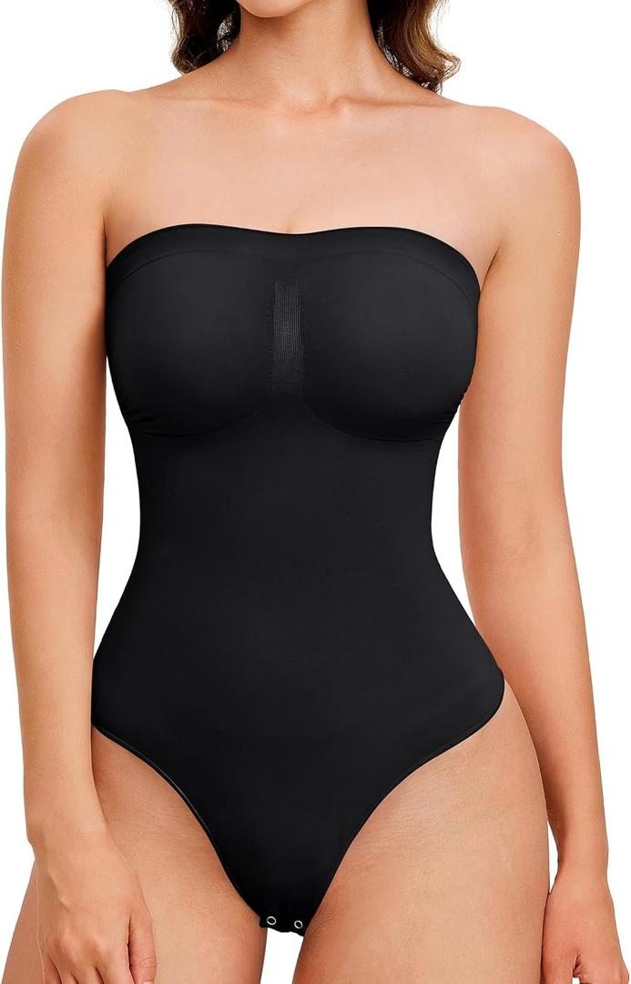 Strapless Thong Bodysuit for Women Seamless Tummy Control Shapewear Body Shaper -Removable Strap Tube Top Leotard (Large, Black)