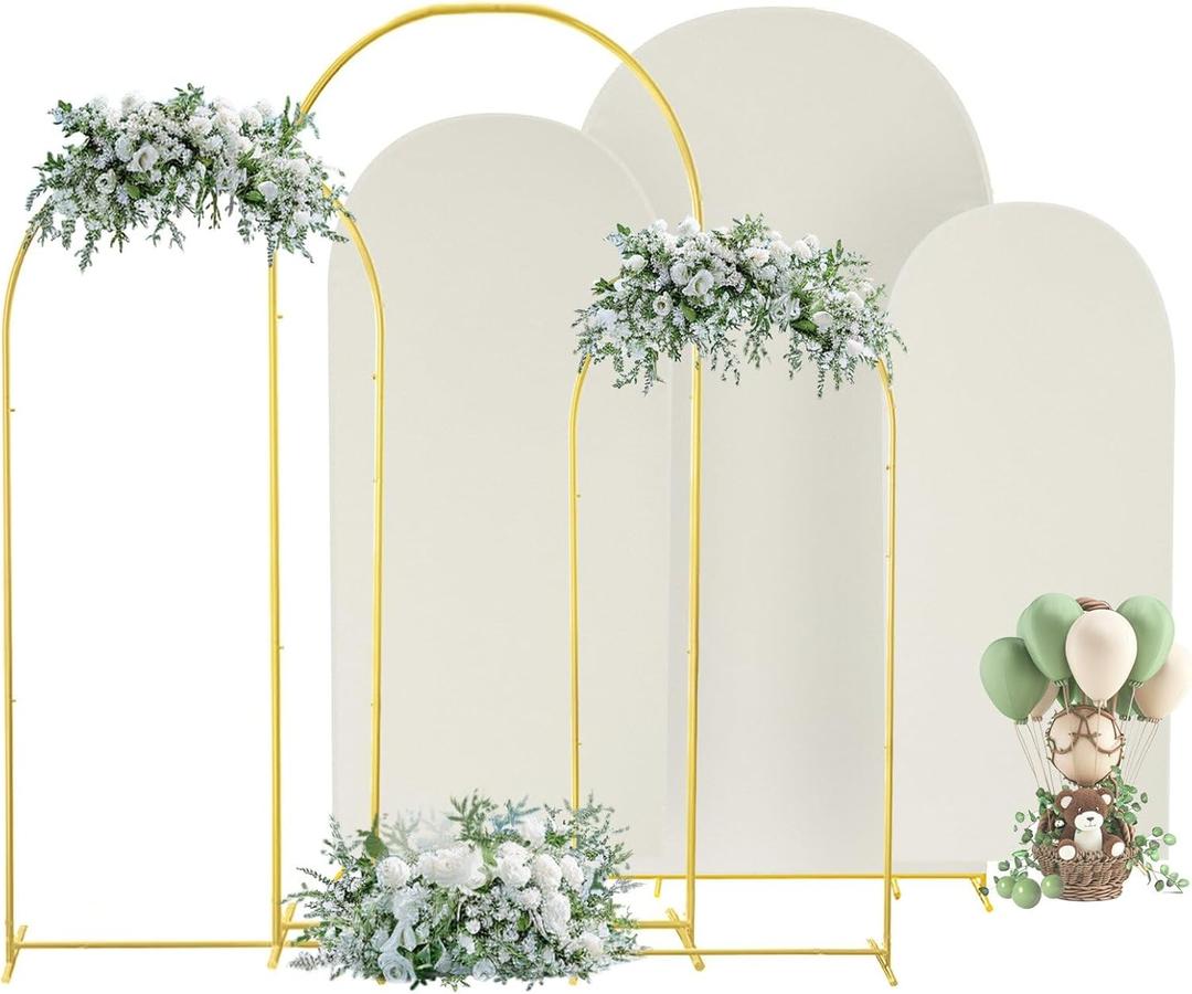 Arch Backdrop Stand and Cover Set (7.2FT,6.6FT,6 FT), Metal Wedding Arch Frame, Gold Arch Backdrop with Cover for Wedding Ceremony Birthday Parties Graduation Anniversary, Background Decoration