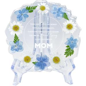 Gift for Mom Resin Floral Keepsake Plate Decor with Pressed Real Flowers (Blue & White)– Mom Birthday Gifts, Unique Handmade Keepsake for Women
