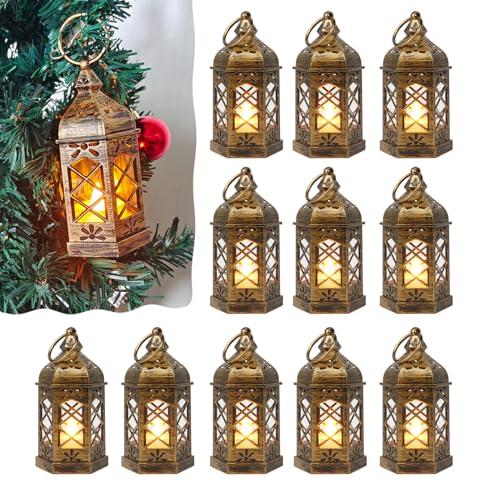 Reperla Mini Lantern Decorative, 12Pcs Small Lanterns with LED Candle, Ramadan Decorations, Hanging Vintage Moroccan Lantern Bulk for Easter Wedding Xmas Party Table Centerpiece, Brushed Brass