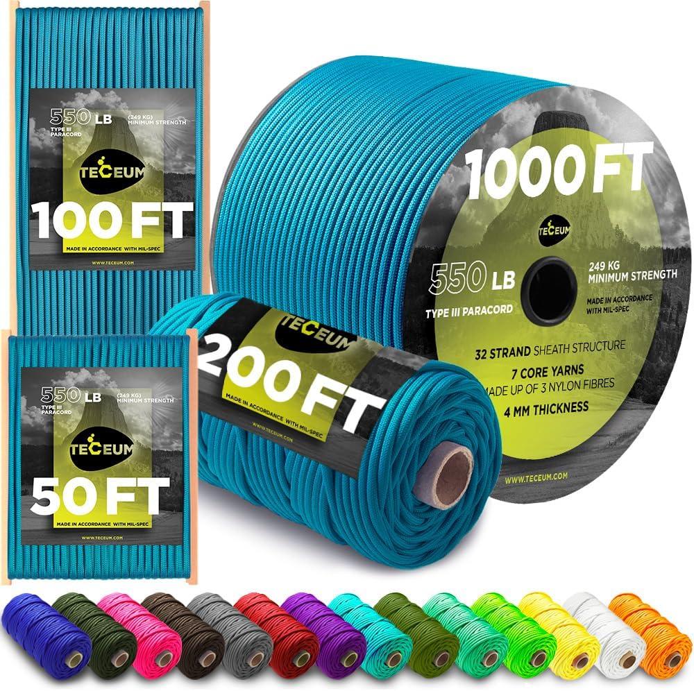 TECEUM 5/32" Paracord Rope 1000  1000ft / 200ft / 100ft / 50ft  Tactical Parachute Cord 4mm  45+ Colors  Nylon String for Survival & Camping Gear  Stripe Cord for Survival  Utility Rope (Ice Mint)