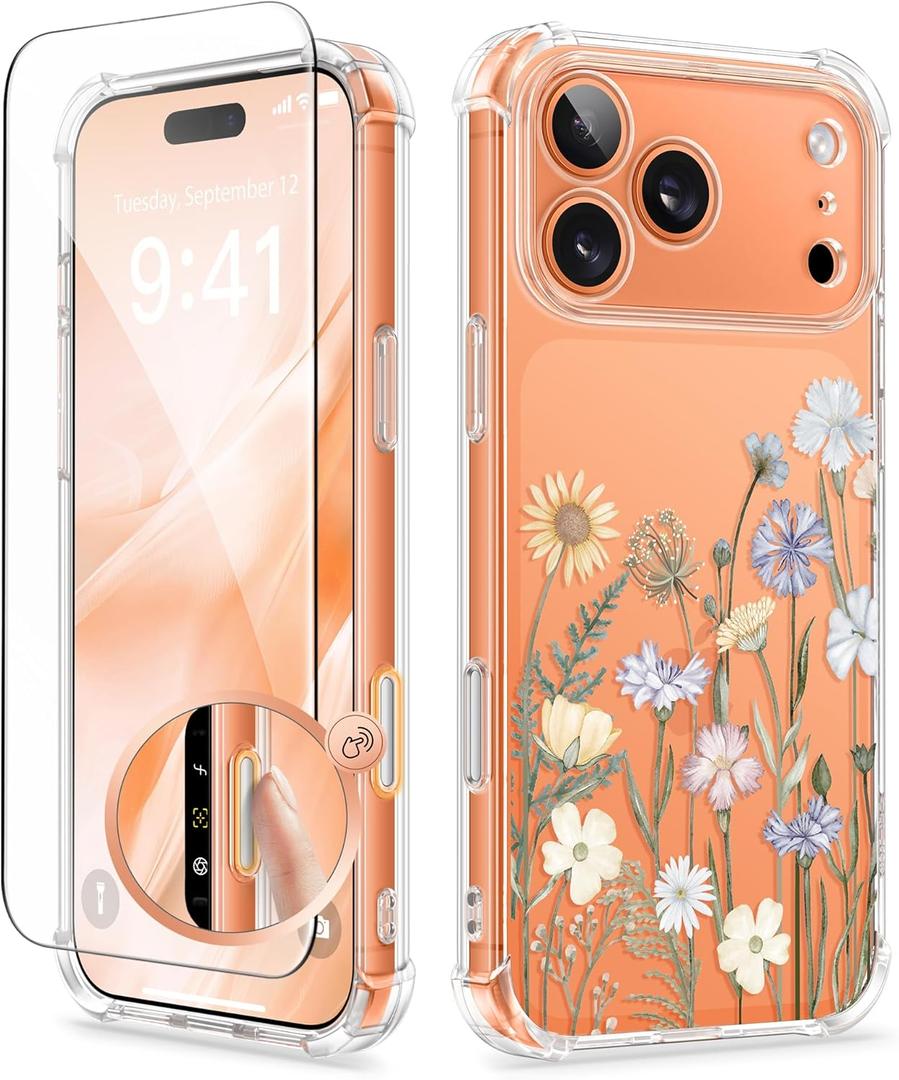 GVIEWIN for iPhone 17 Pro Max Case with Screen Protector, Upgraded [Full Camera Protection] [Non Yellowing] Floral Slim Shockproof Clear Women Phone Cover for iPhone 17 Pro Max 6.9" (Vibrant Spring)