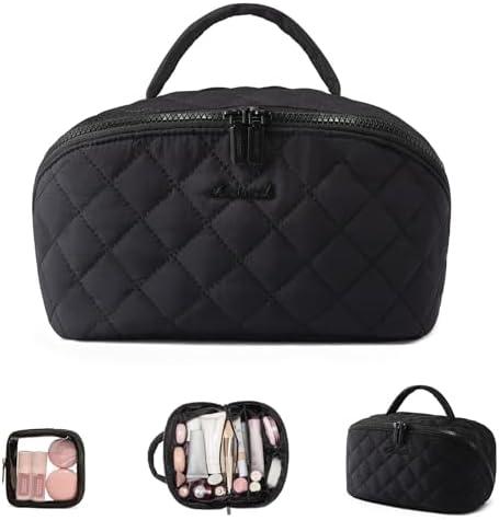 LOVEVOOK Travel Makeup Bag for Women, 1Pcs Set Puffer Waterproof Cosmetic Organizer, Large Capacity Pouch Open Flat Toiletry Bag with Divider & Handle, Portable Gift for Her, Black