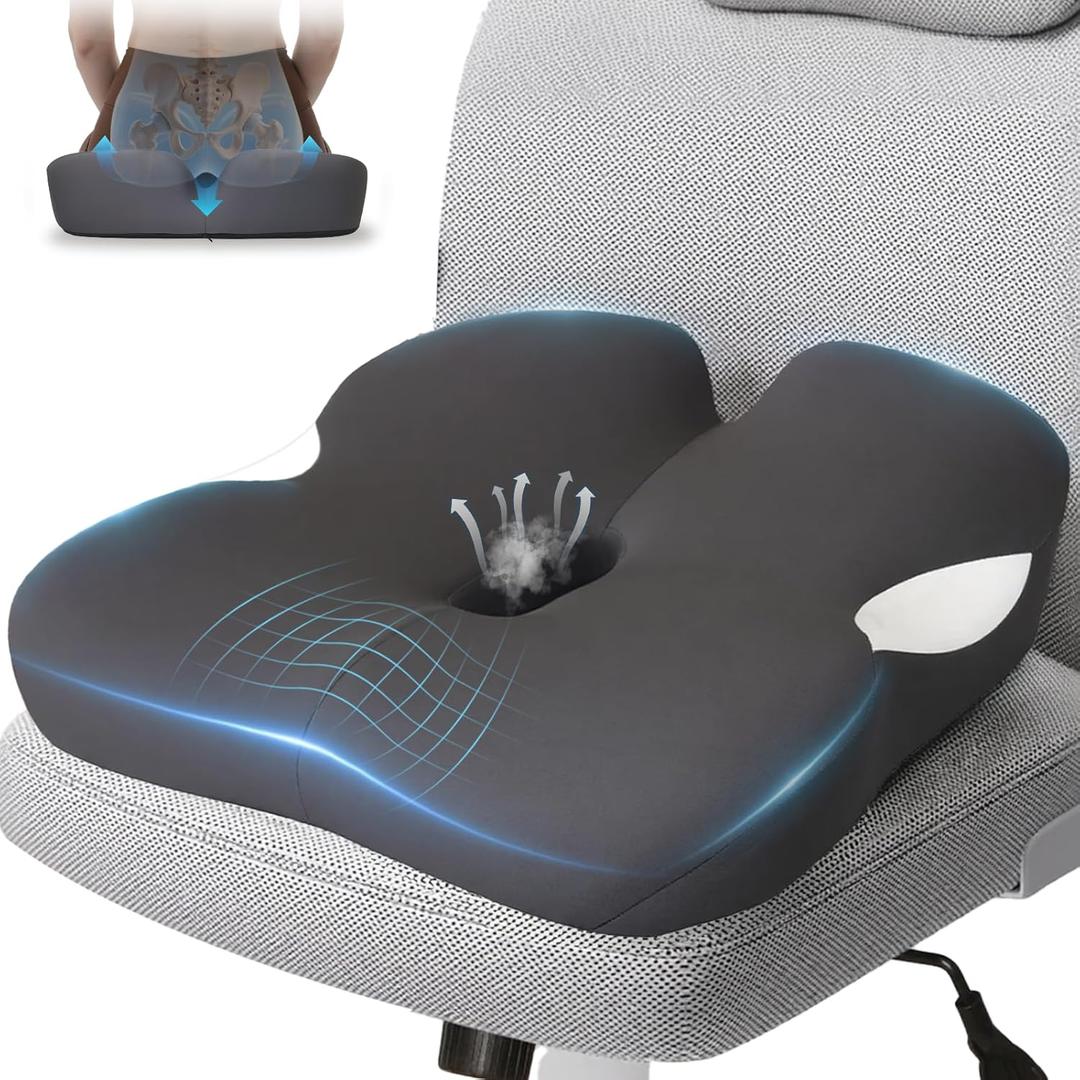 JarryStart 18.5" x 16.5" Extra Large Memory Foam Cushion, Tailbone Pain Relief Cushion for Long Sitting Soft Hip Support, Breathable X Large Donut Pillow Desk Chair Cushion for Office, Home, Driving, Black