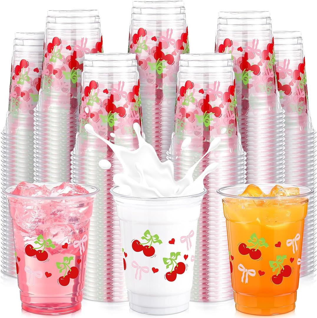 Jingmore 36 Pcs Cherry Bow Plastic Cups 12 oz Red Pink Coquette Bow Heart Clear Disposable Drinking Cups Cherry on Top Party Decoration for Birthday Weddings Bridal Baby Shower Bachelorette Supplies