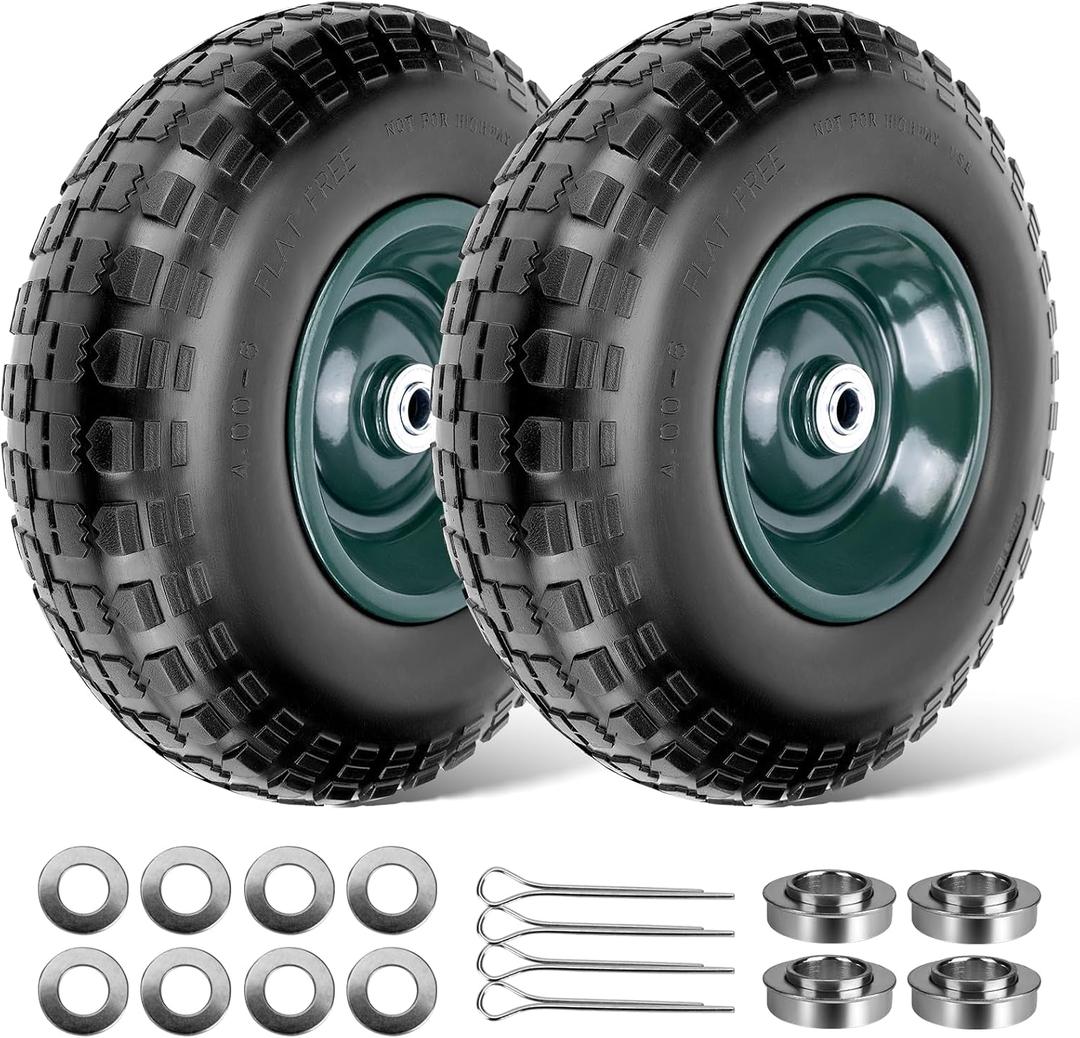 Taifa 2 PCS 13 Inch 4.00-6 with 5/8'' & 3/4'' Bearings Rubber Solid Flat Free Replacement Tires and Wheels, Air Less Wheel for Wheelbarrow/Wagon/Hand Truck/Trolley/Garden Scooter etc.