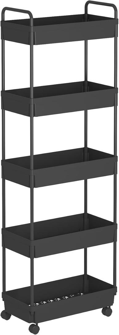 Buzowruil Rolling Storage Cart 5 Tier Organizer Mobile Shelving Unit Storage Rolling Utility Cart with Wheels for Kitchen Bathroom Laundry,Black