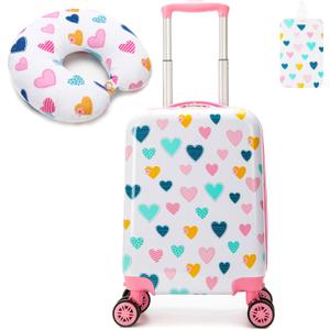 Kid's Luggage Set 2 Piece Suitcase Set Hardside Luggage with Spinner Wheels Girls Carry on Toddler Travel Rolling Suitcase with Neck Pillow Airline Approved (G White Love)
