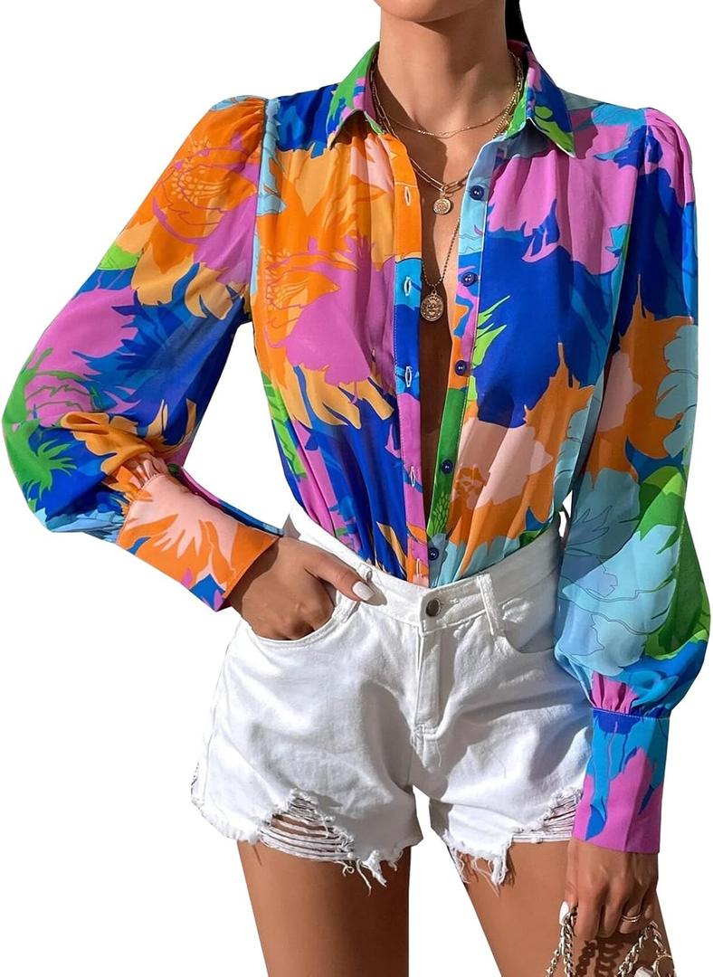 Button Down Shirts for Women Dressy Lantern Long Sleeve Blouses Printed Casual Loose Colorful Blouse Work Tops (X-Large, A03color)