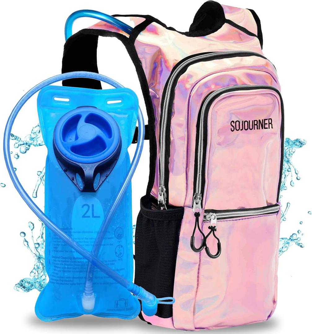 Sojourner Hydration Pack, Hydration Backpack - Water Backpack with 2l Hydration Bladder, Festival Essential - Rave Hydration Pack Hydropack Hydro for Hiking, Running, Biking, Festival Gear (Holographic - Pink)