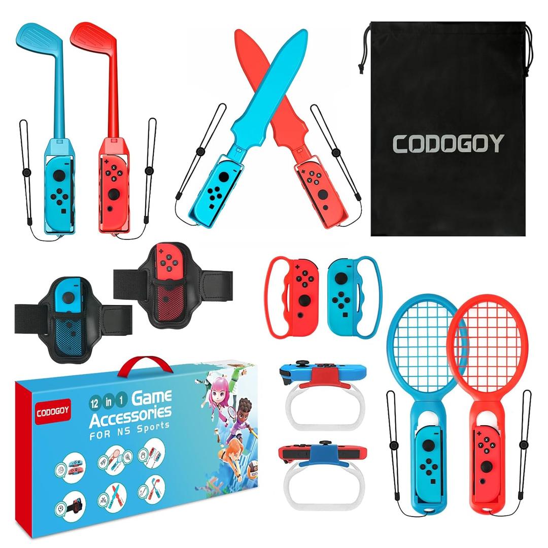 CODOGOY 12-in-1 Switch Sports Accessories Kit with Carry Bag - Compatible with Switch/OLED & Joy-Con, Perfect for Family Sports Party Games & Accessory Storage