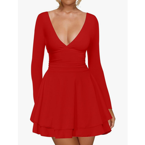 Kaximil Women's Sexy Long Sleeve V Neck Mini Dress Ruched A Line Flowy Cocktail Party Short Dresses, Small