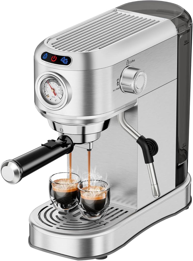 Espresso Machine with Milk Frother, 20 Bar Stainless Steel Coffee Machine, Espresso Maker with 34oz Removable Water Tank for Home, Office,Gift for Women or Men