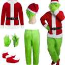 Green Monster Santa Claus Costumes for Men,Christmas Furry Santa Claus Costume Include Mask for Halloween Cosplay (Medium)