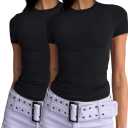 Dwnval Womens 2 Piece Sexy Casual Short Sleeve Crewneck Shirts Summer Slim Fit Cute Crop Tops (Black, XL)
