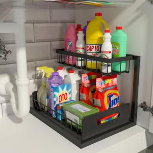 REALINN Under Sink Organizer, Pull Out Cabinet Storage 2 Tier Slide Out Sink Shelf, Kitchen Organizers and Storage, Black, 1 Pack (1 Pack, Black)