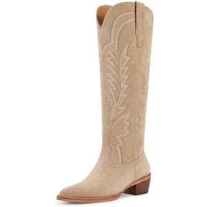 ISNOM Cowboy Boots for Women Knee High Cowgirl Boots with Classic Embroidered Pointed Toe Chunky Heel Pull On Fashion Retro Western Tall Boots, Size: 10