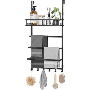 Aetyord Towel Racks for Bathroom Over the Door Towel Rack Towel Storage with Metal Shelf Basket and Hooks Black