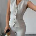 SOLY HUX Women's 2 Piece Outfits V Neck Button Down Vest Tops and High Waisted Pants Set Office Work Suit (L)
