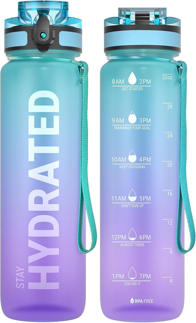 Sahara Sailor Water Bottle 32oz, Durable and Leakproof Water Bottles Motivational with Time Marker, Tritan, BPA Free, Wide Mouth with Easy Clean Brush for Gym, Travel, Home, School, Office (1 Bottle) (33.8 Ounces, Galaxy Magic)