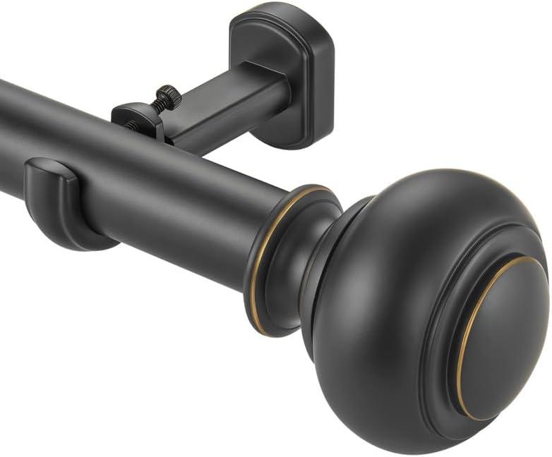 Heavy Duty Curtain Rods, 1 1/8" Diameter Curtain Rod for Window 72-144 Inch(6-12ft), Single Drapery Rods with Classic Finials and Adjustable Aluminum Alloy Brackets, Matte Black
