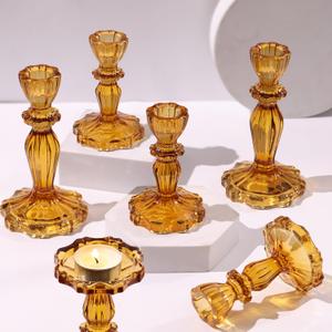 Amber Candlestick Holders Set of 6, Taper Candle Holders, 4.3" H & 6.3" H Glass Candle Holder for Candlesticks & Pillar Candles, Candle Holder for Table Centerpieces and Party Decor
