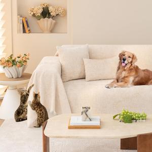 HANDONTIME Couch Cover for Sofa Beige Cover Blanket Sofa Covers Washable Sectional Couch Covers L Shape Jacquard Chenille Sofa Covers Couch Cover for Dogs Soft Thick Sofa Protector, 71" X118"