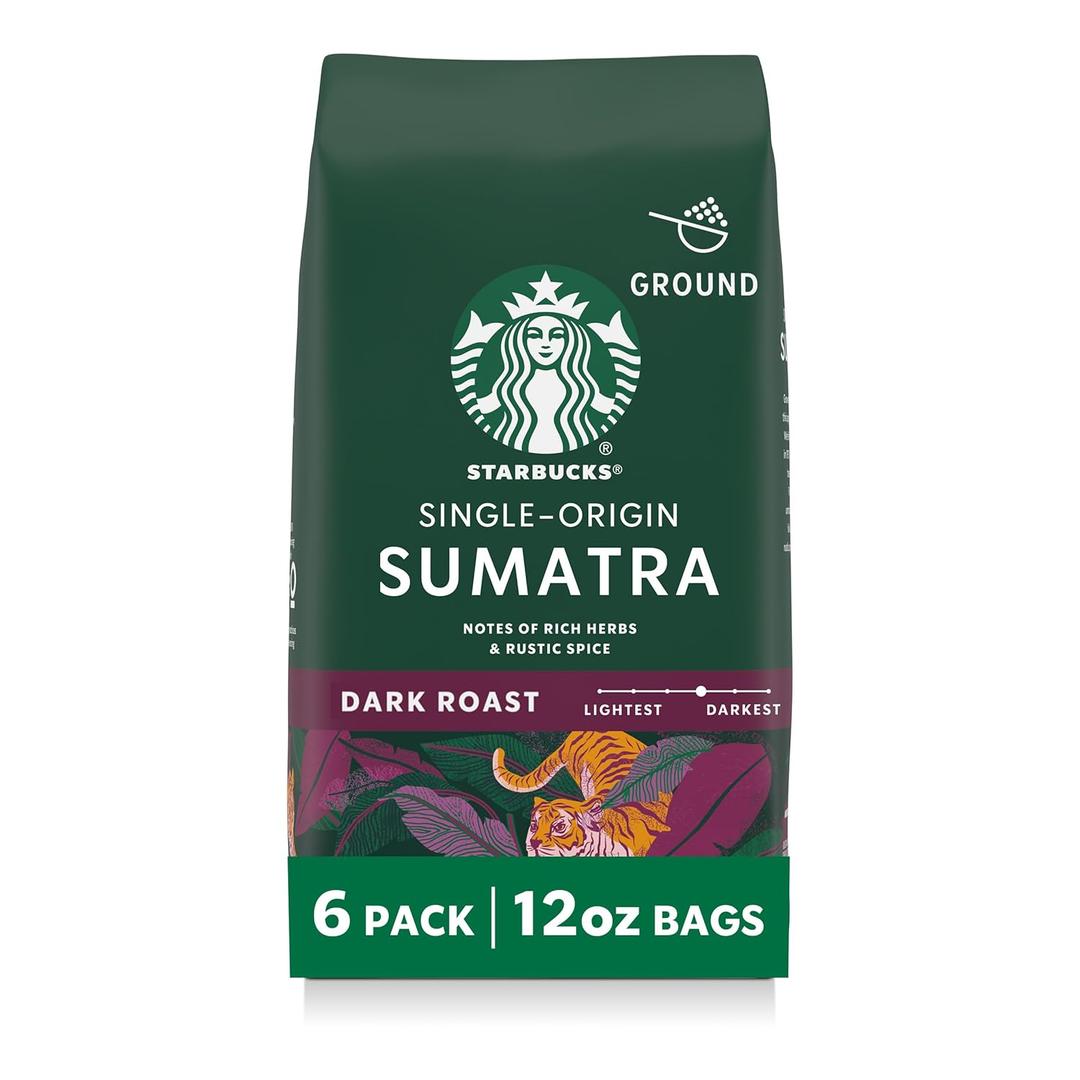 Starbucks Ground Coffee, Dark Roast Hot or Iced Coffee, Single-Origin Sumatra, Six 12 oz Bags (EXP 06/26/26)