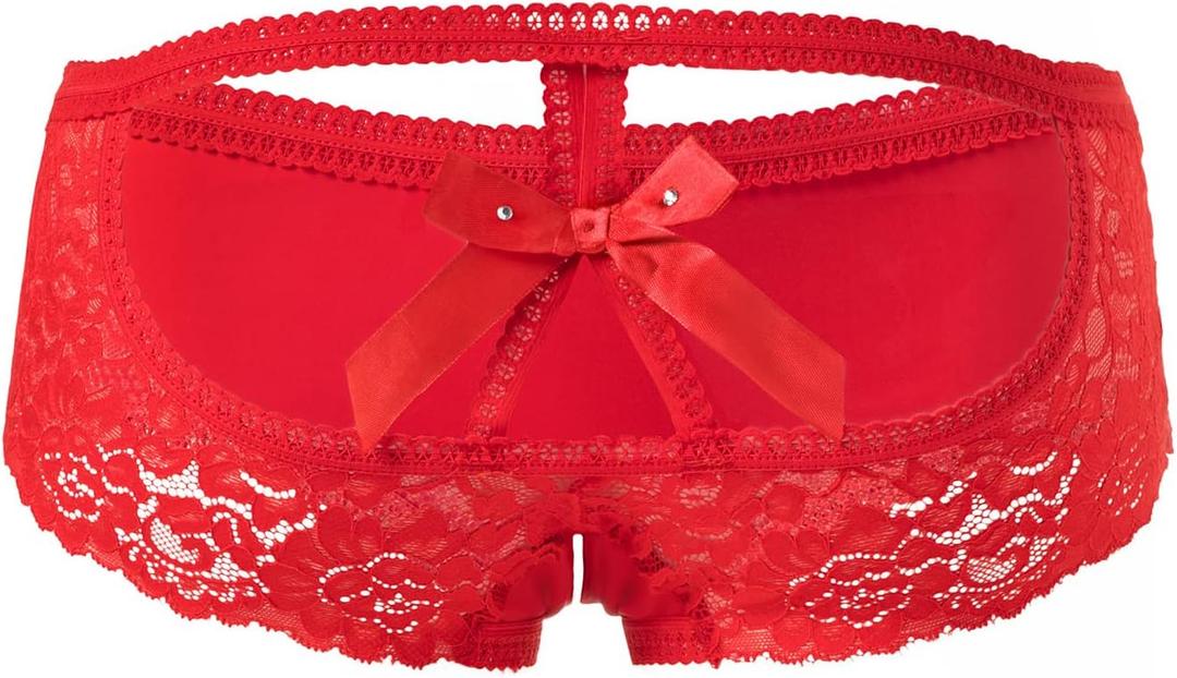 PERAMBRY Women's Lace Stretch Sexy Thong Bikini Panties Bow Tie Breathable Fashionable (Red-0200), Small