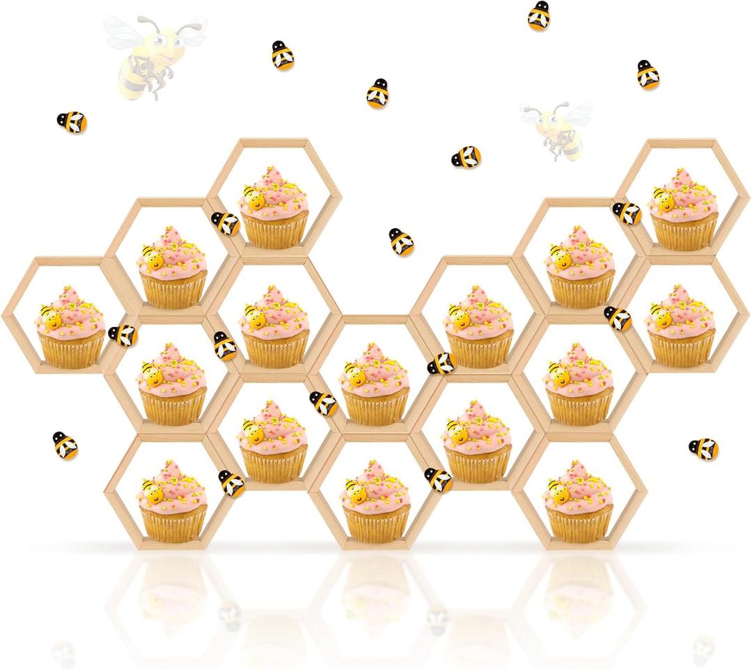 FairySandy 12 Pcs Mini Honeycomb Cupcake Stand Cake Farmhouse Hexagon Display Holder Hexagonal Wood Cupcake Stand Floating Table Sign with 50 Tiny Wooden Bee for Baby Shower (Wood Color)